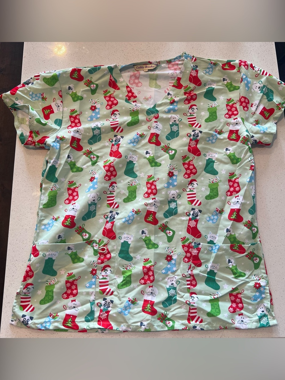 Stocking Print Scrub Top - Light Green